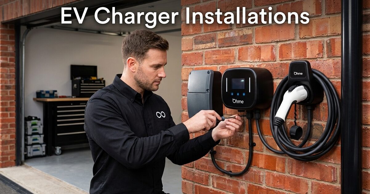NFinnerty electrician installing an Ohme home EV charger on a brick garage wall