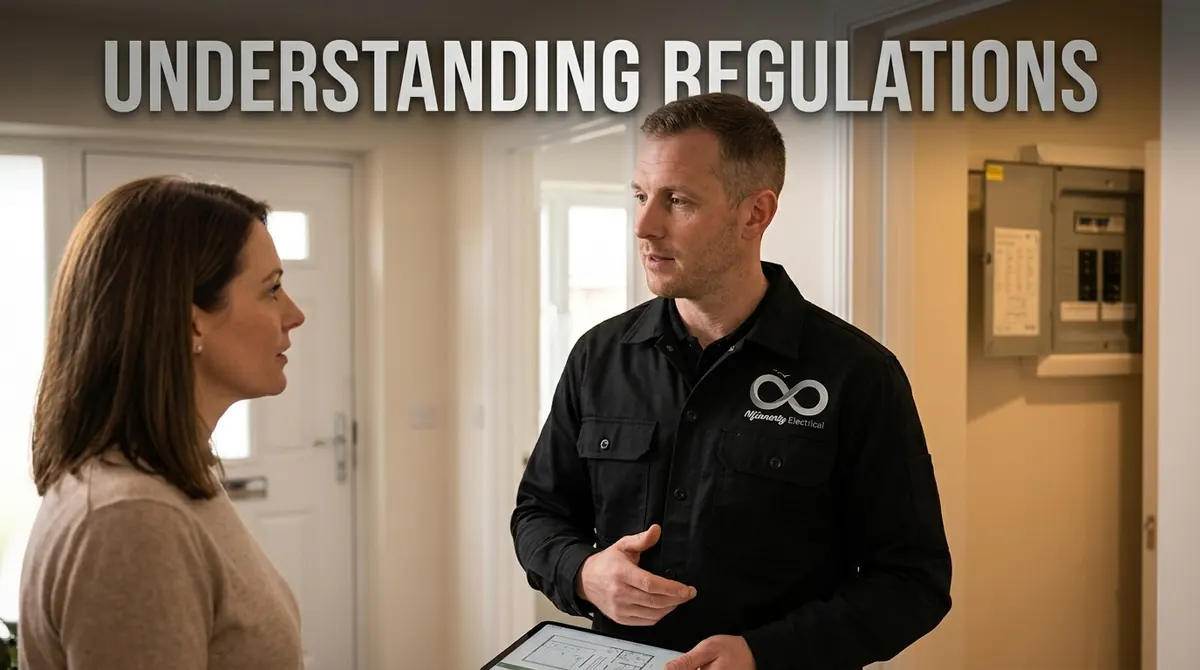 NFinnerty electrician discussing domestic electrical regulations and certification with a homeowner