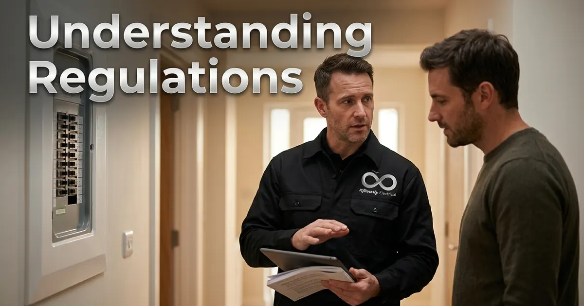 NFinnerty electrician explaining Part P electrical regulations to a homeowner beside a consumer unit